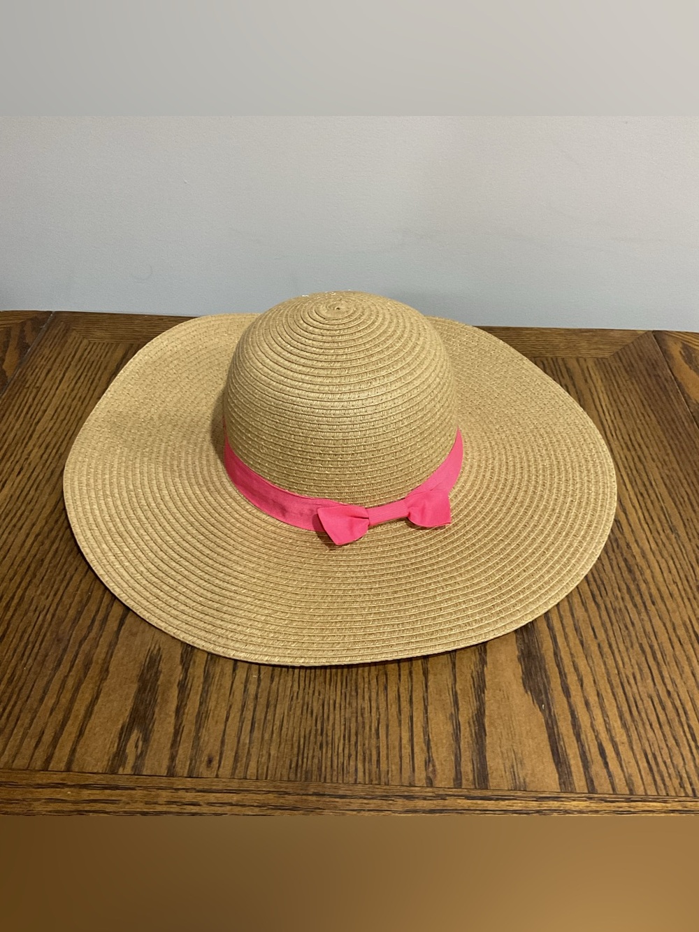 Wide Brim Straw Sun Hat with Pink Ribbon Bow